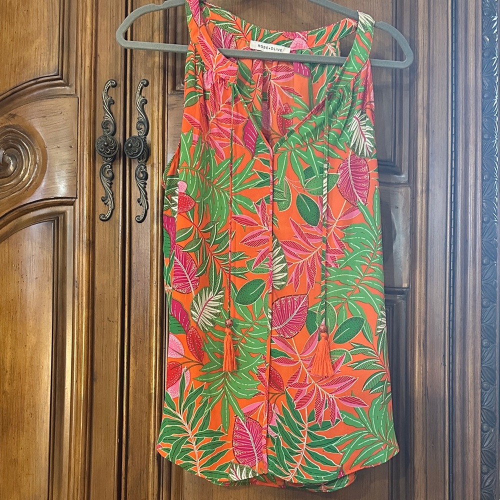 Anthropologie Like NEW Rose & OliveOrange and Green Leaf Tropical Print Blouse L